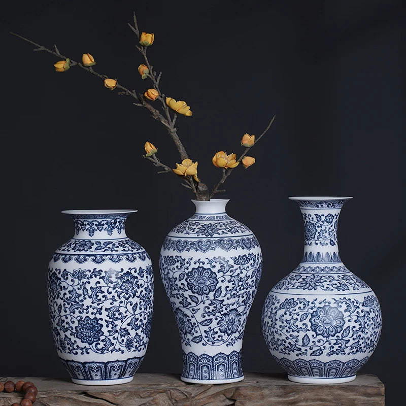 Jingdezhen-Blue and White Porcelain Flower Vases, Ceramic Vase, Interlocking Lotus Design, Home Decoration