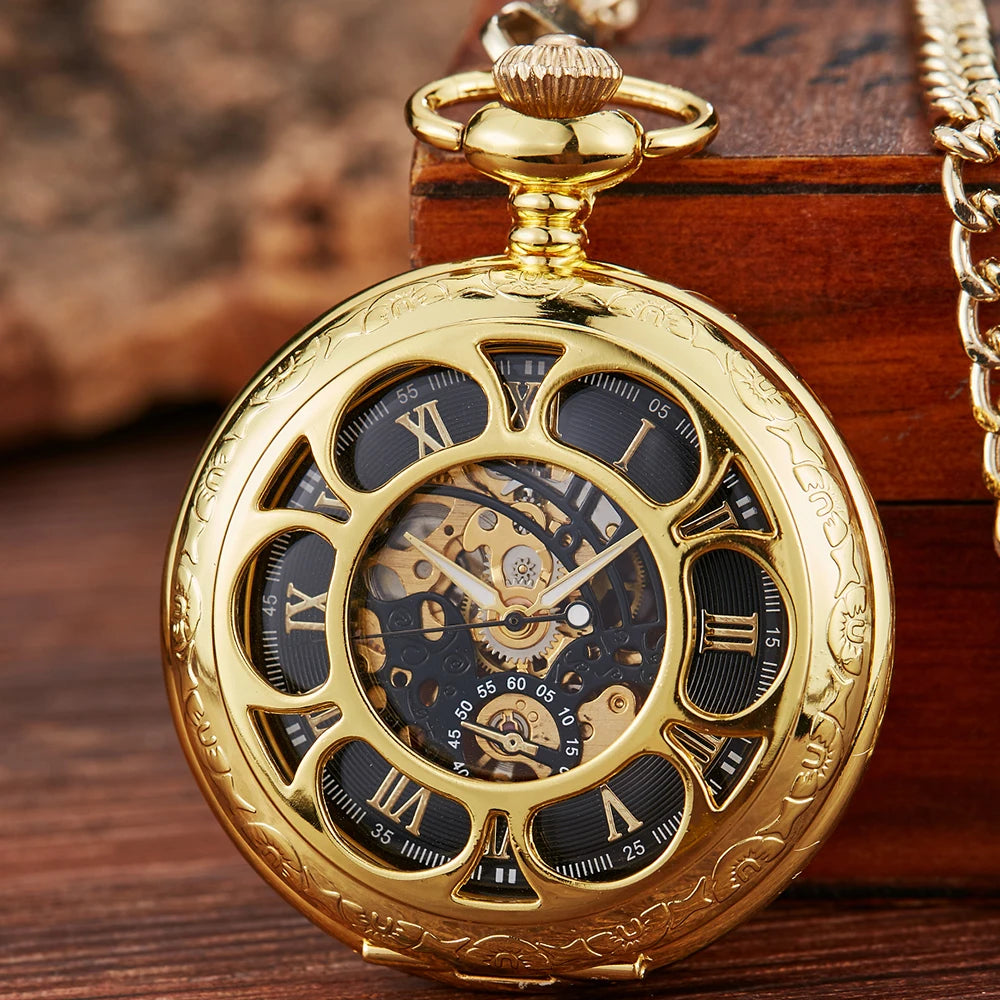 Roman Numeral Luxury Mechanical Pocket Watch Engrave Carving Sliver Case Steampunk Skeleton Watches Fob Chain Clock for Men