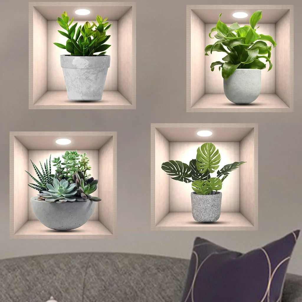 4pcs Plant Decor Stickers, PVC Wall Stickers For Living Room, Bedroom, Office, Self-adhesive Home Decor Stickers