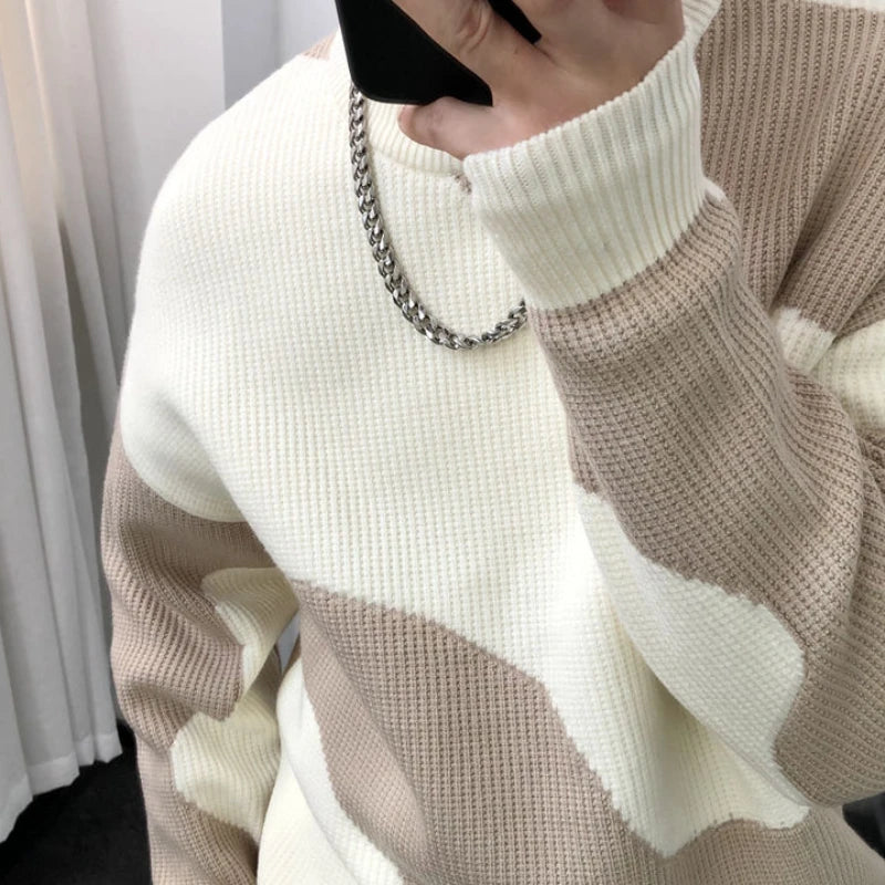 Man Clothes Round Collar Pullovers Knitted Sweaters for Men Crewneck Color Matching Black Cigaret Casual Korean Style Jumpers S