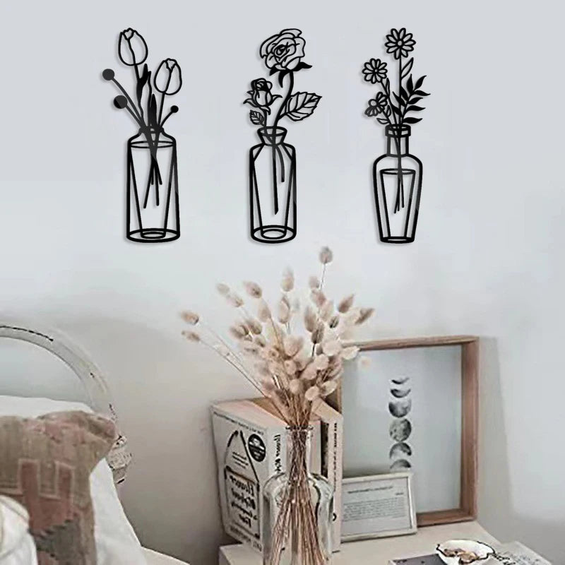 1Pc Minimalist Vase Art Black Wrought Iron Decor for Home Living Room Metal Flower Wall Pendant Floral Plant Sculpture