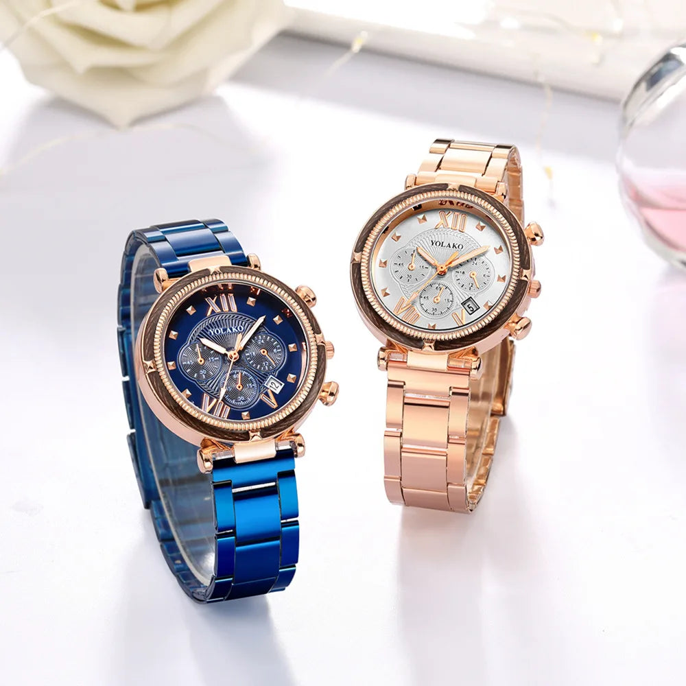 Fashion 5pcs Watch Set Women Blue Watches Women Stainless Steel Auto Date Quartz Wristwatches Montre Pour Femme Reloj Mujer 2022